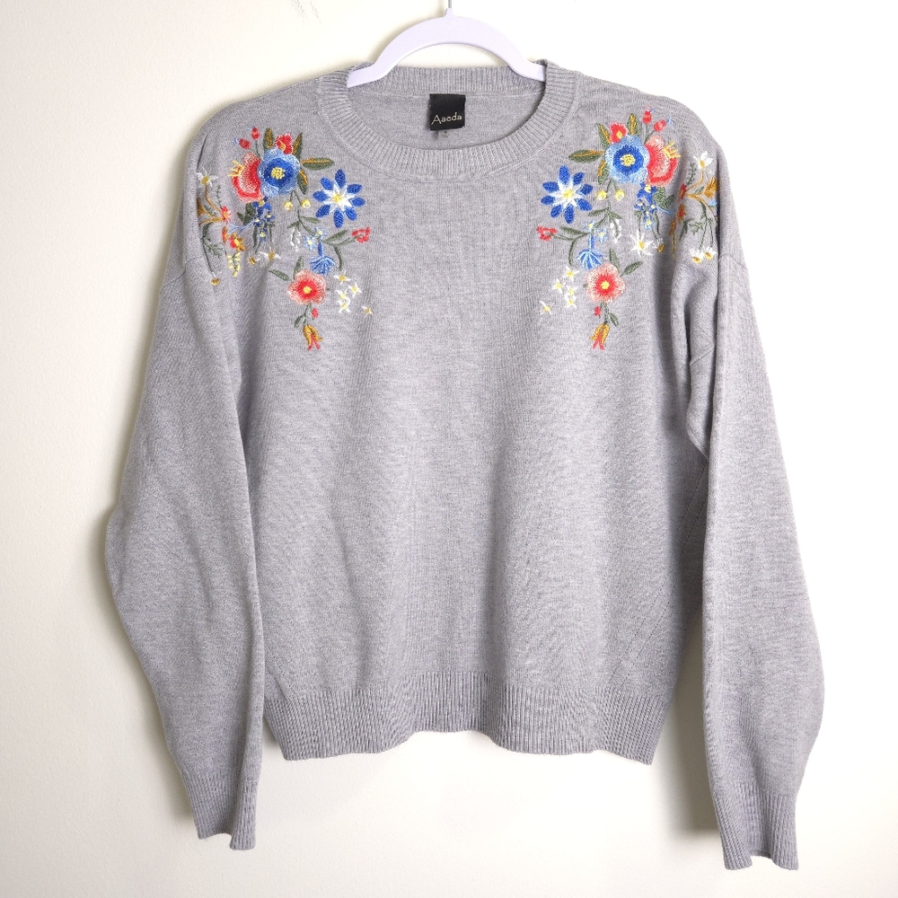 Aaeda Boho Chic Vintage Floral Embroidered‎ Boho Chic Grey Knit S